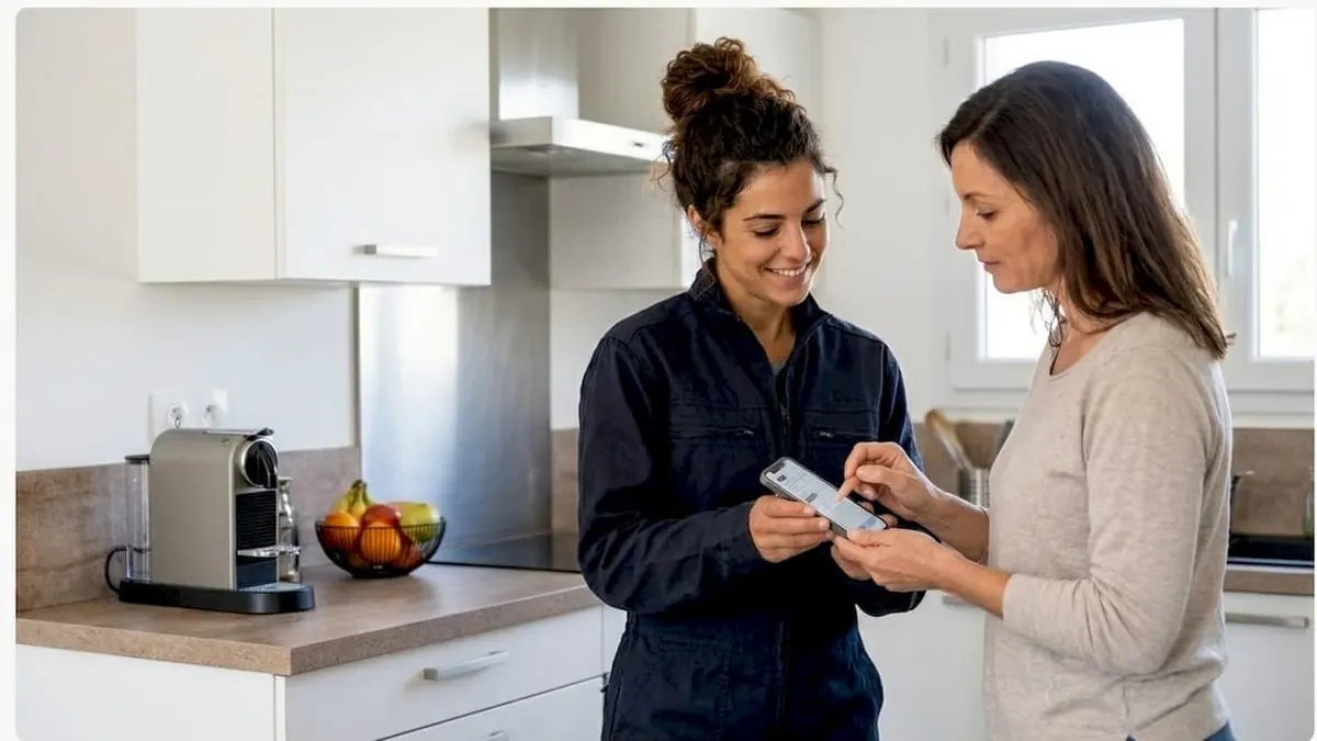 La technicienne fait signer la cliente sur son smartphone en fin d’intervention