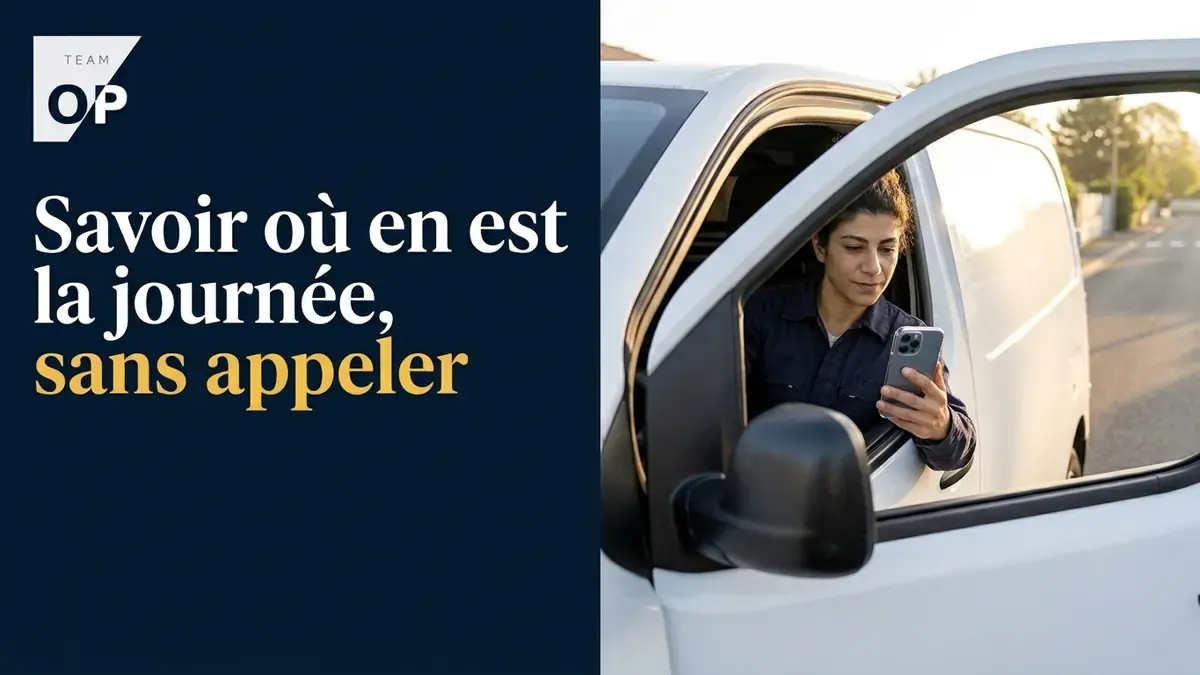 Technicienne TEAM OP qui consulte une notification sur son smartphone dans sa camionnette