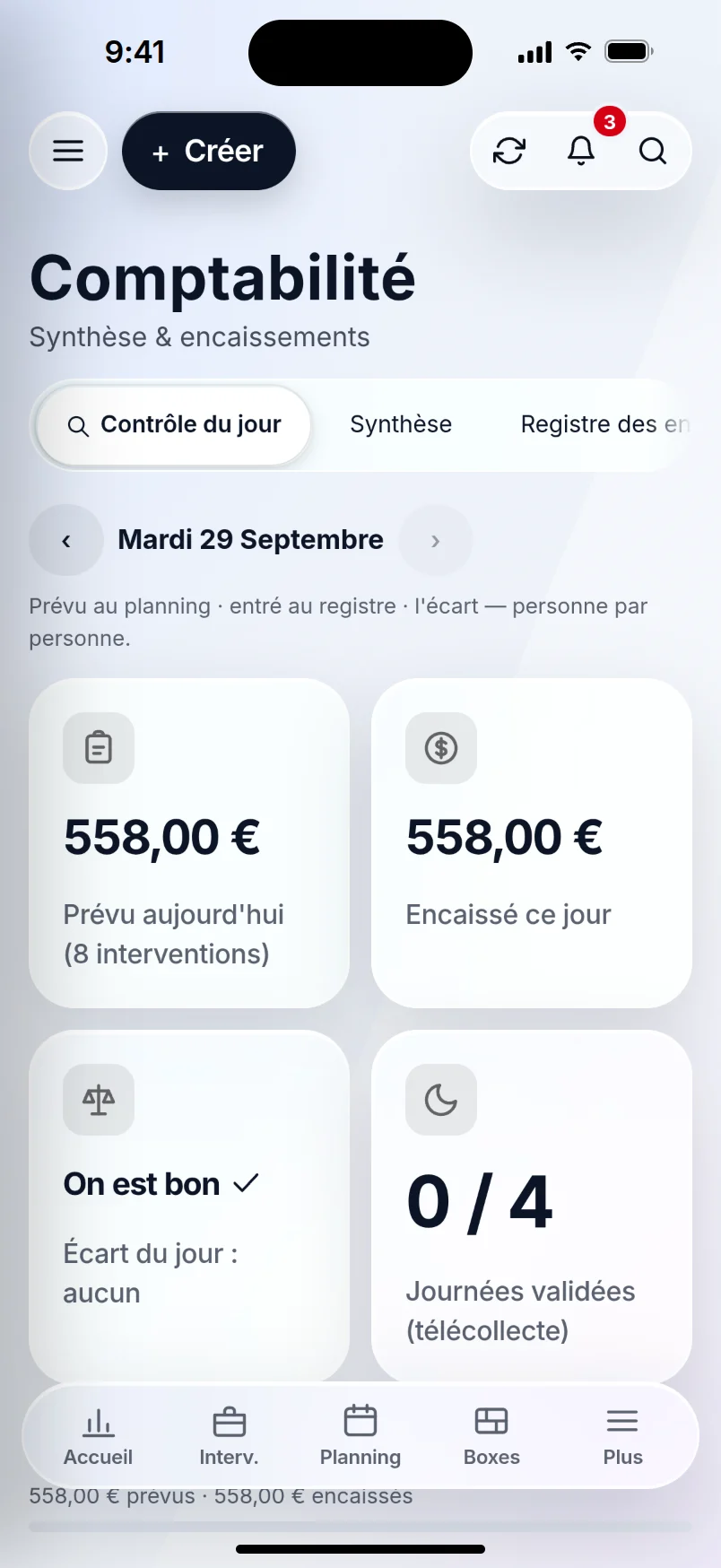 OP GESTION sur un iPhone : le contrôle des encaissements du jour