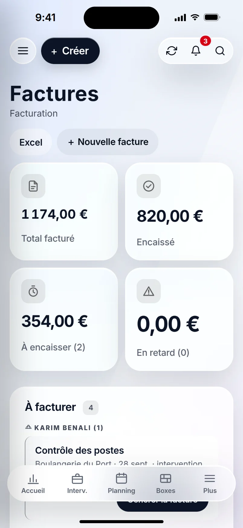 OP GESTION sur un iPhone : les factures, ce qui est encaissé et ce qui reste à encaisser