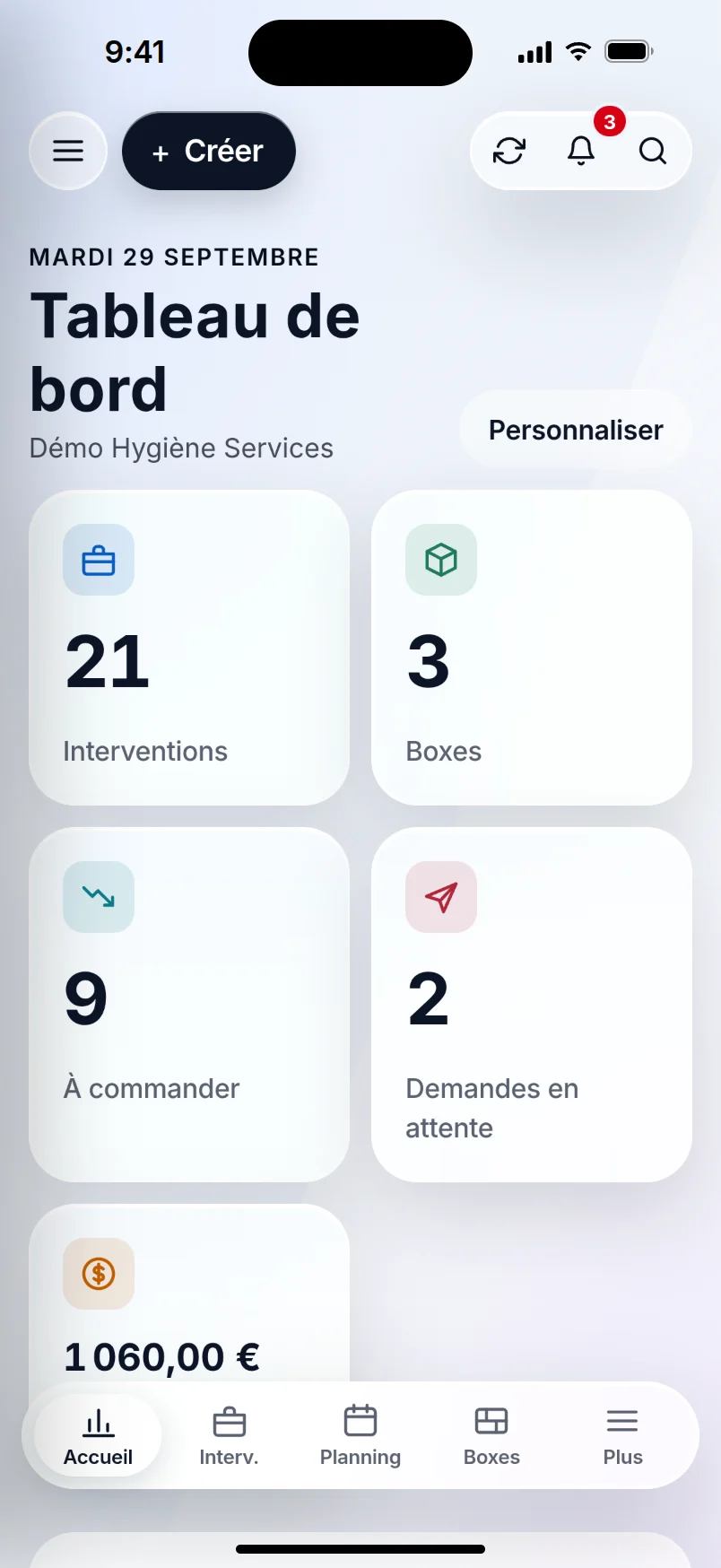 OP GESTION sur un iPhone : le tableau de bord